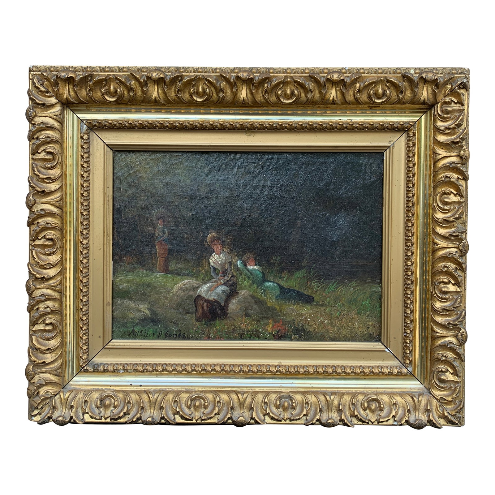 Antique Country Landscape With Three Ladies in a Carved Giltwood Frame: An atmospheric early 20th-century oil on canvas depicting three elegantly dressed women resting in a quiet rural landscape. Signed "Arther D. Jones" at the lower left, the composition has a