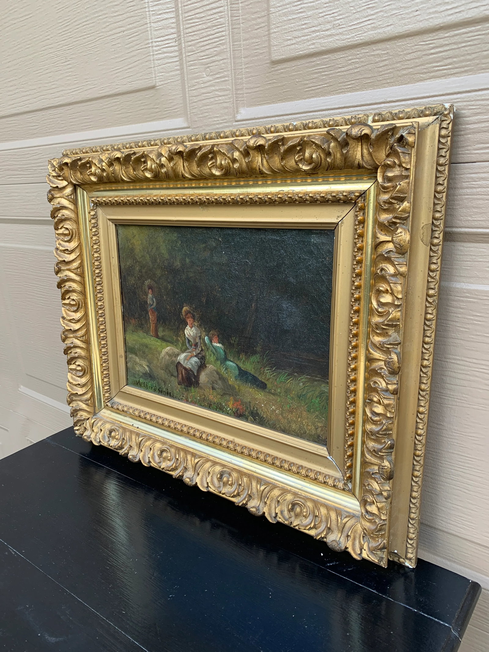 Antique Country Landscape With Three Ladies in a Carved Giltwood Frame - 3
