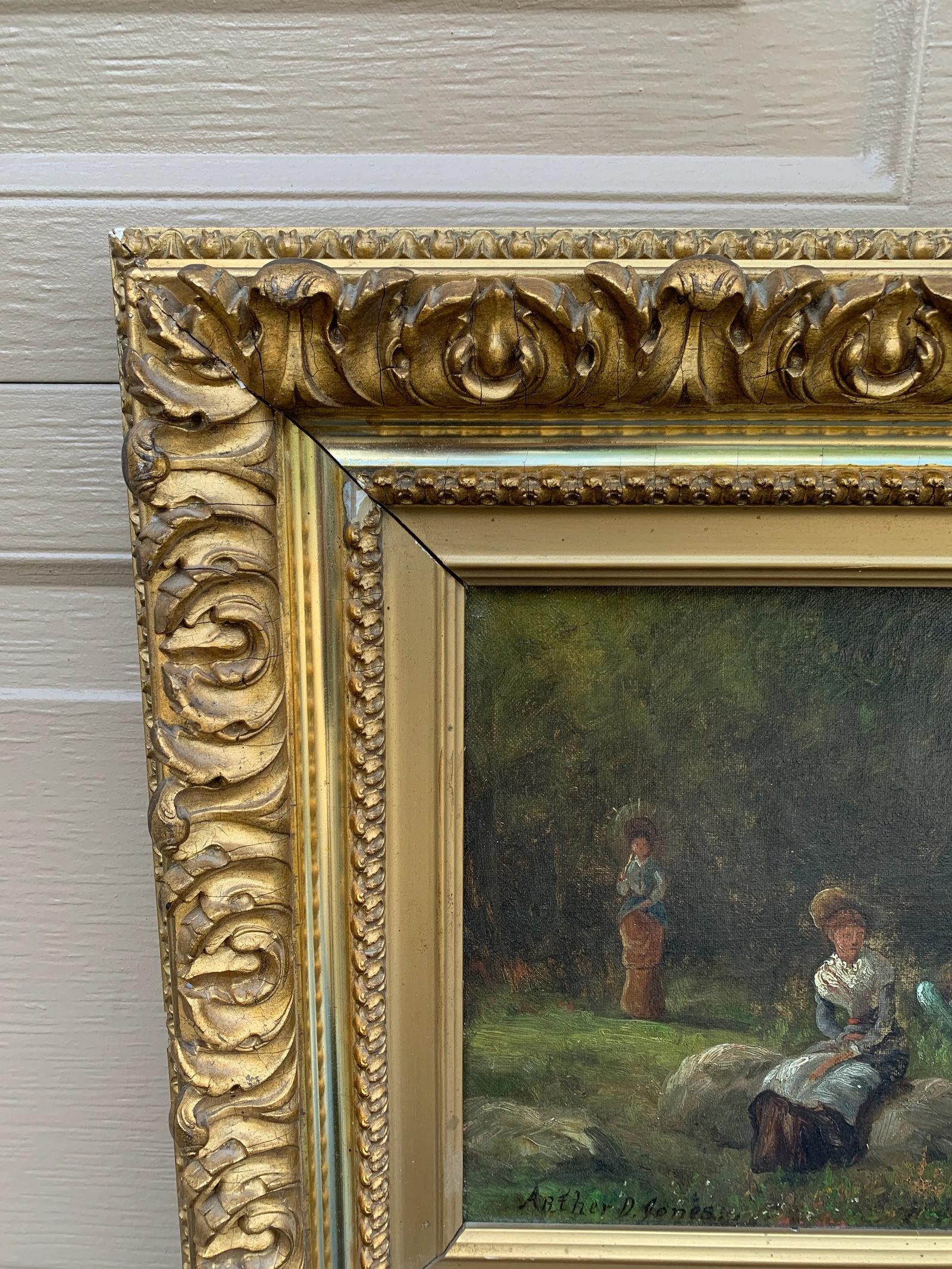 Antique Country Landscape With Three Ladies in a Carved Giltwood Frame - 4
