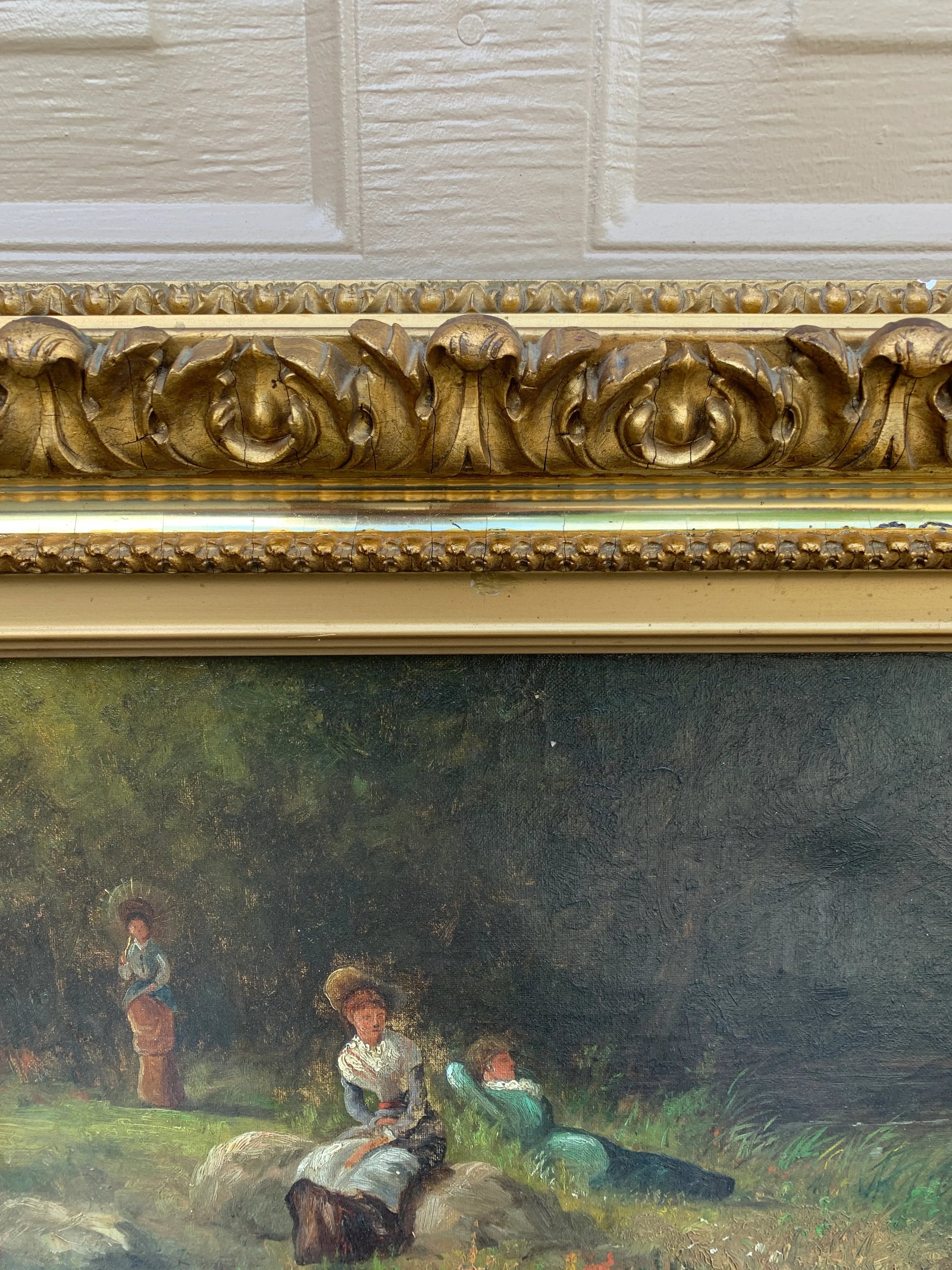 Antique Country Landscape With Three Ladies in a Carved Giltwood Frame - 5