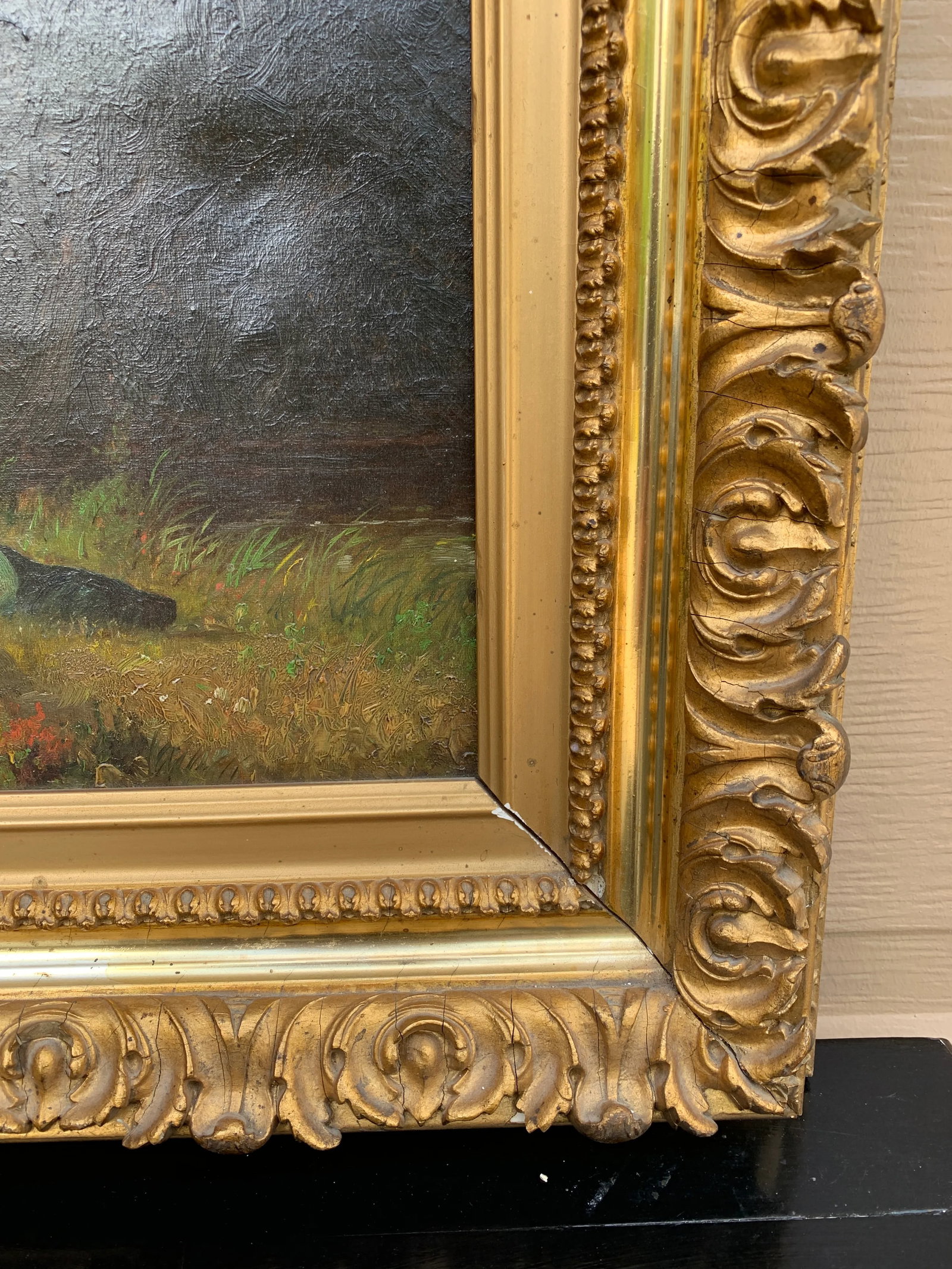 Antique Country Landscape With Three Ladies in a Carved Giltwood Frame - 7