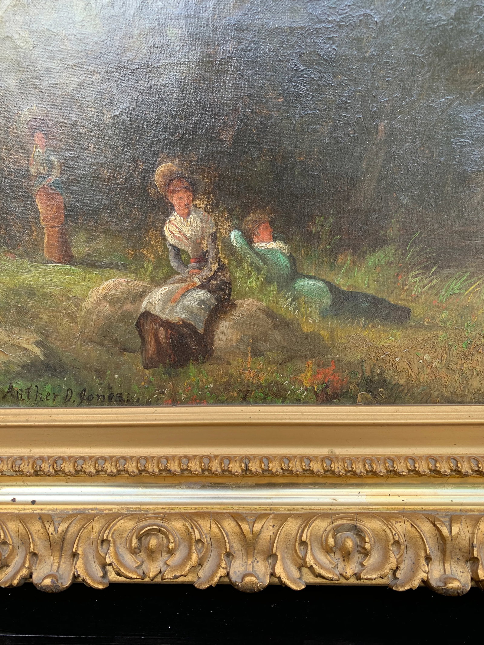 Antique Country Landscape With Three Ladies in a Carved Giltwood Frame - 8