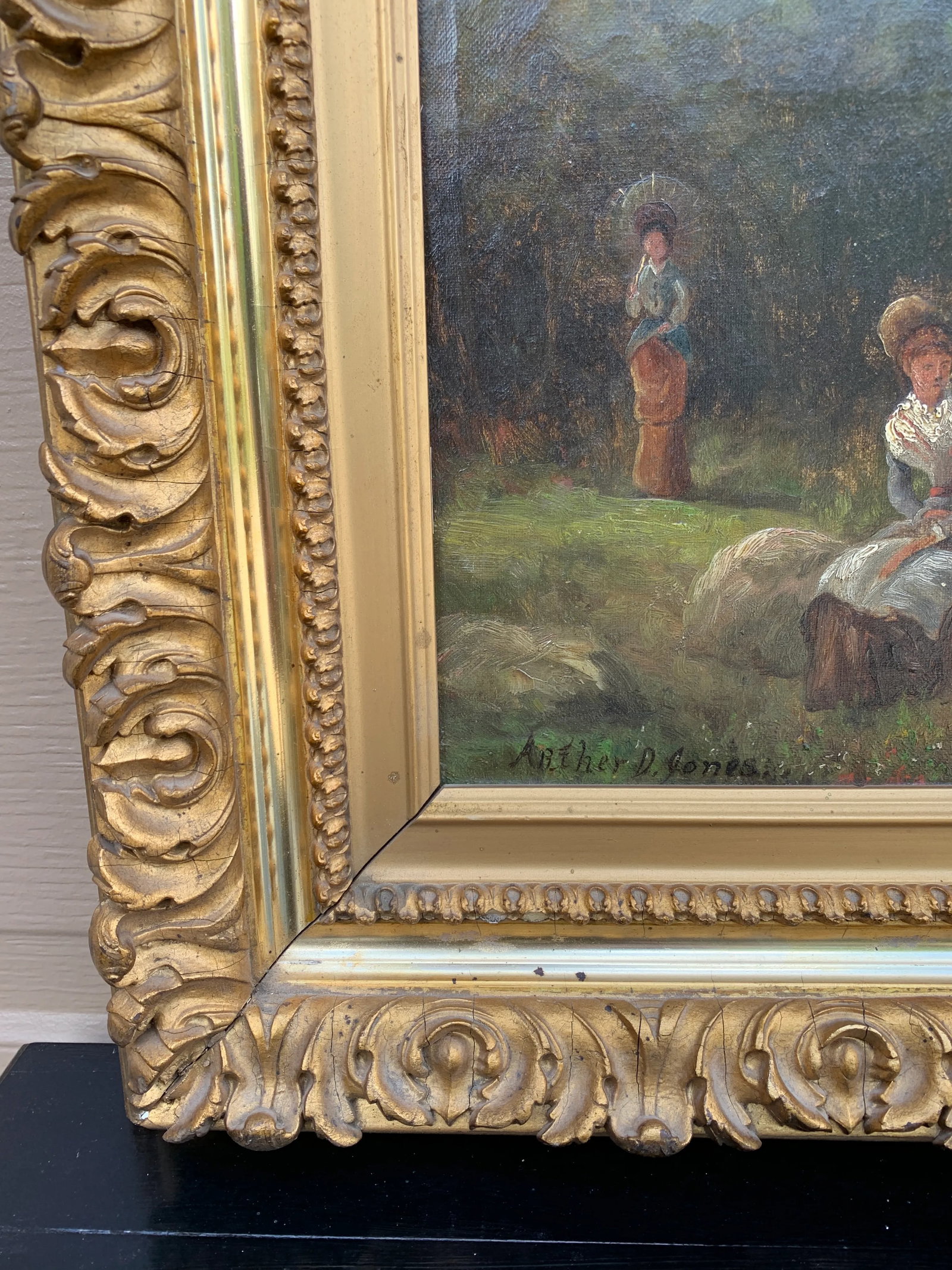 Antique Country Landscape With Three Ladies in a Carved Giltwood Frame - 9