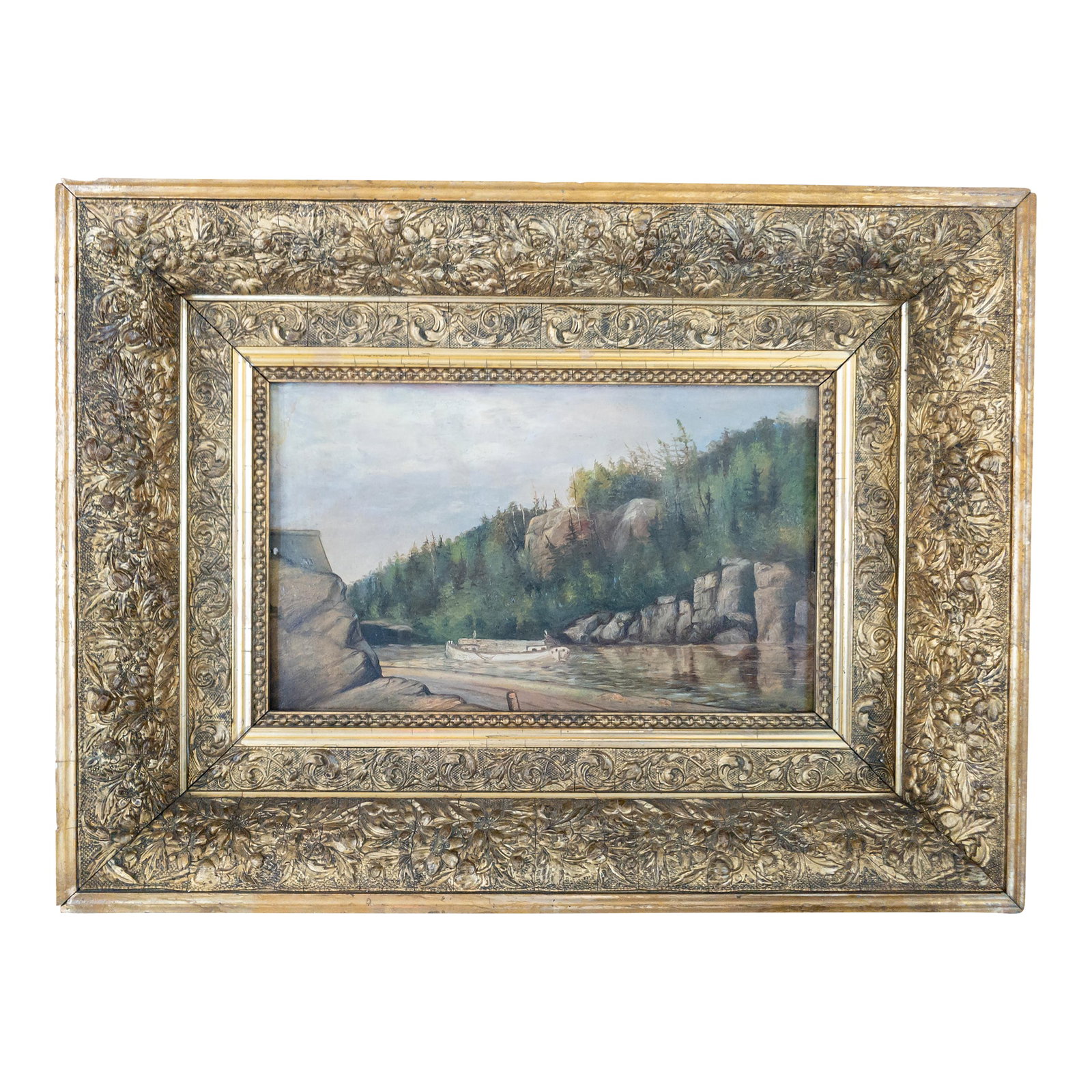 19th Century American Hudson River School Landscape Painting of a River or Canal: We are selling this interesting Hudson River School style painting. This painting features a river or canal scene going through some rocky outcrops with a central canal boat. The painting is executed
