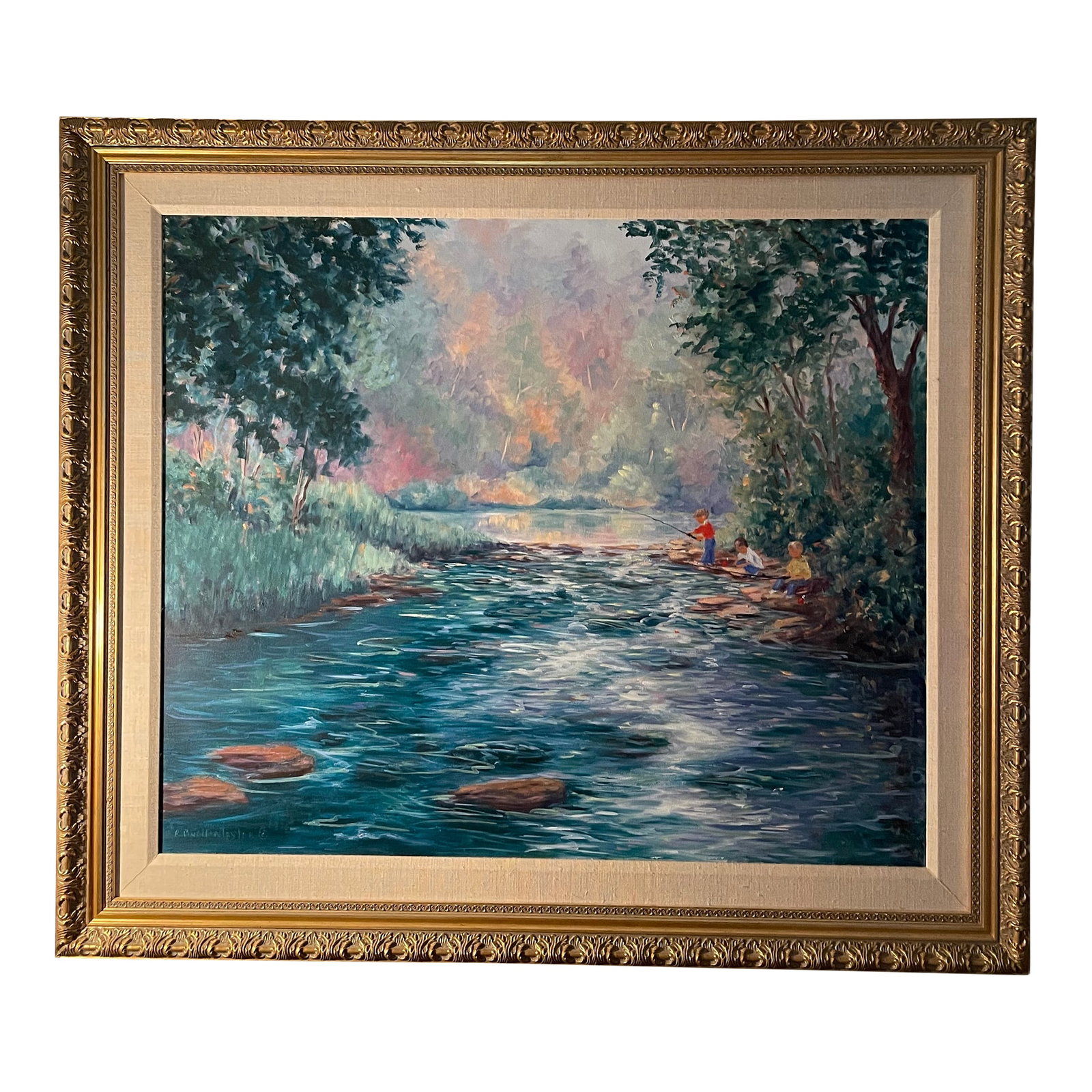 Ruth Mueller Taylor Large Original Oil on Canvas Titled Spillway.: Beautiful painting with vibrant colors all in excellent condition with a beautiful frame originally painted in 1994. Sales receipt from the gallery on back dates to 1998. Condition: Alterations: Origi