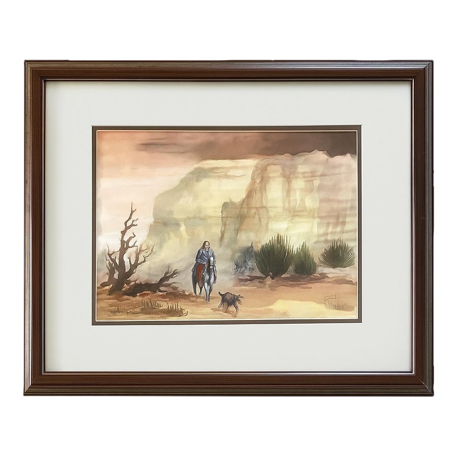 Vintage Original Watercolor by Hal Empie - "The Bodyguard" - Southwestern Desert Scene With Rider &: A soulful slice of the American Southwest, this original watercolor painting by celebrated Arizona artist Hal Empie (1909-2002) captures a moment of quiet companionship and rugged beauty. Titled "The