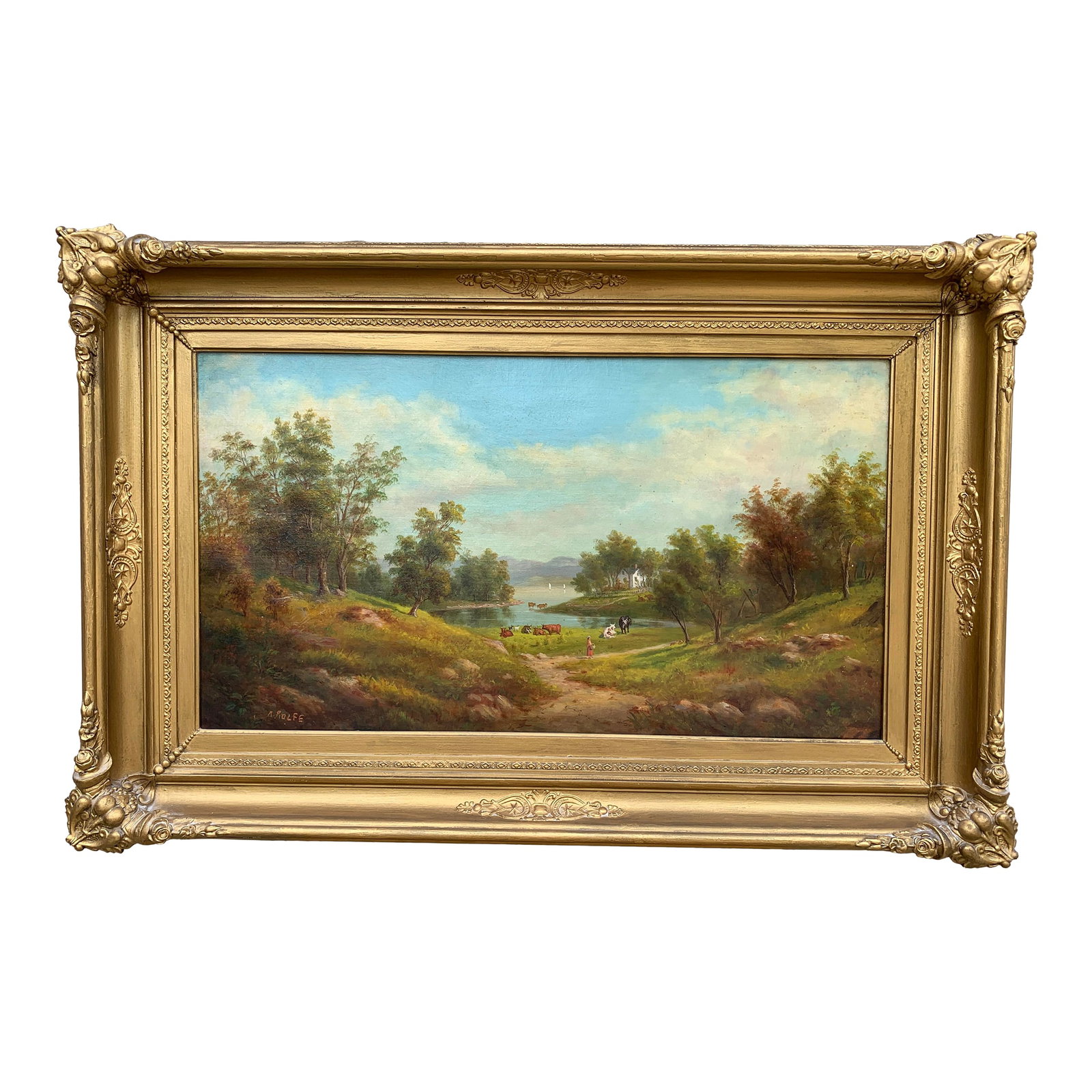 Mid-19th Century English Country Landscape Oil in Ornate Giltwood Frame: A beautifully atmospheric mid-19th century landscape painting attributed to Alexander F. Rolfe, signed "A. Rolfe" at lower left. The composition depicts a tranquil pastoral scene with a winding path, 