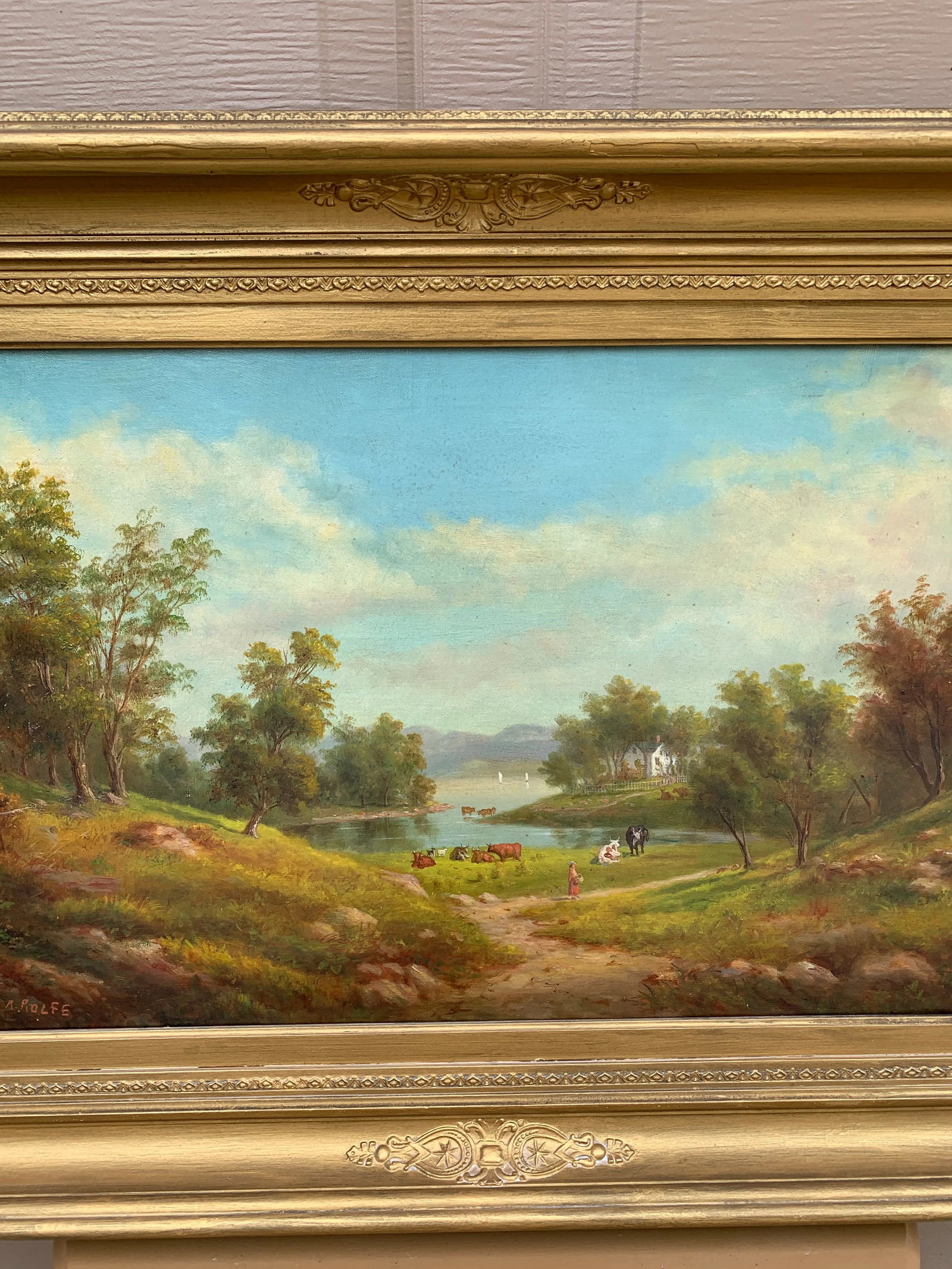 Mid-19th Century English Country Landscape Oil in Ornate Giltwood Frame - 4