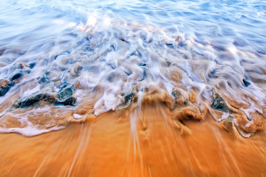 Shifting Sands - Photograph - George Diebold - Plexiglas Laminated - Island of Kauai, Hawaii: "Photographed on the Hawaiian island of Kauai, SHIFTING SANDS illustrates the never ending battle between saltwater and sand. This 46" x 31" plexiglas laminated print is an artist proof reproduced on