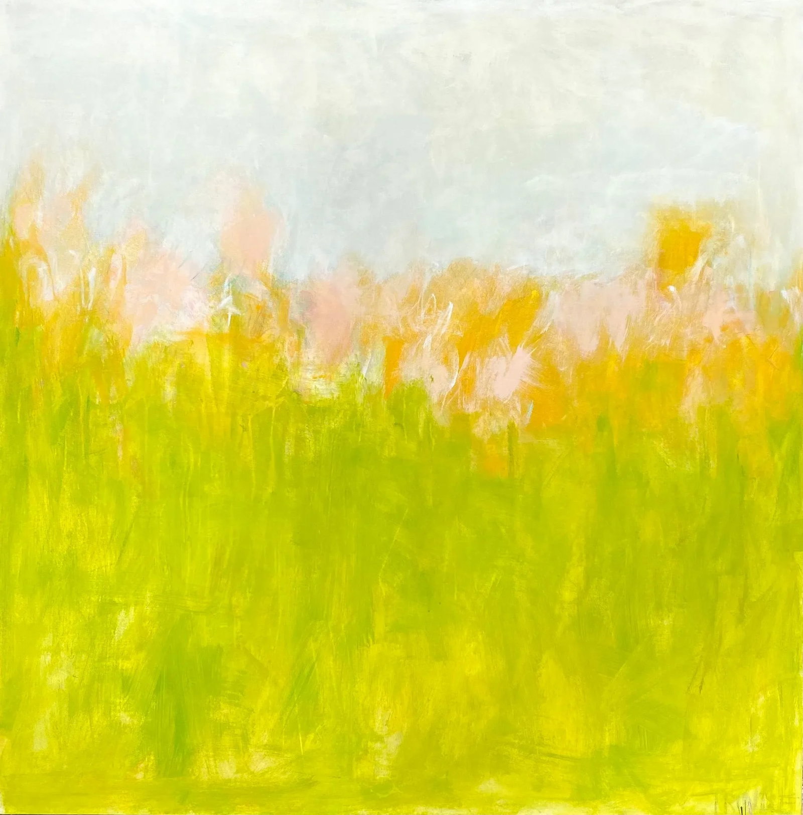 "Bucolic" Contemporary Abstract Landscape Mixed-Media Painting by Sarah Trundle: Abstracted landscape in acrylic, pastel, and colored pencil. 48 x 48 x 1.5. Edges painted white, back wired, ready to hang. Condition: Imperfections: No Imperfections Origin: United States Creator:<