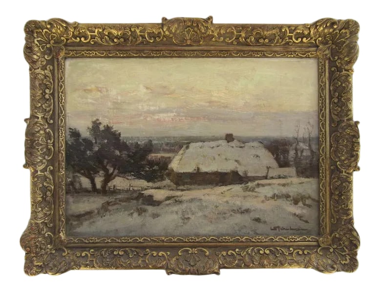Early 20th Century Dutch Winter Farm Scene Oil Painting by David Schulman, Framed: Oil on canvas of a farm scene deep in snow. Evening. Frame: 17" x 13' Measures site 13 1/2'" by 9 12/". Signed lower right. David Schulman (1881 - 1966) David Schulman was active/lived in Netherlands.