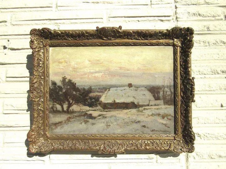 Early 20th Century Dutch Winter Farm Scene Oil Painting by David Schulman, Framed - 7