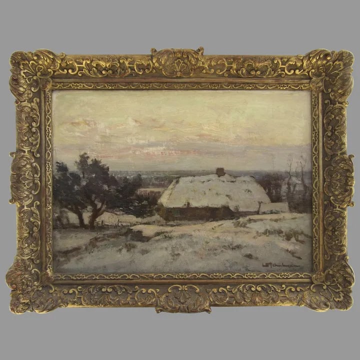 Early 20th Century Dutch Winter Farm Scene Oil Painting by David Schulman, Framed - 8