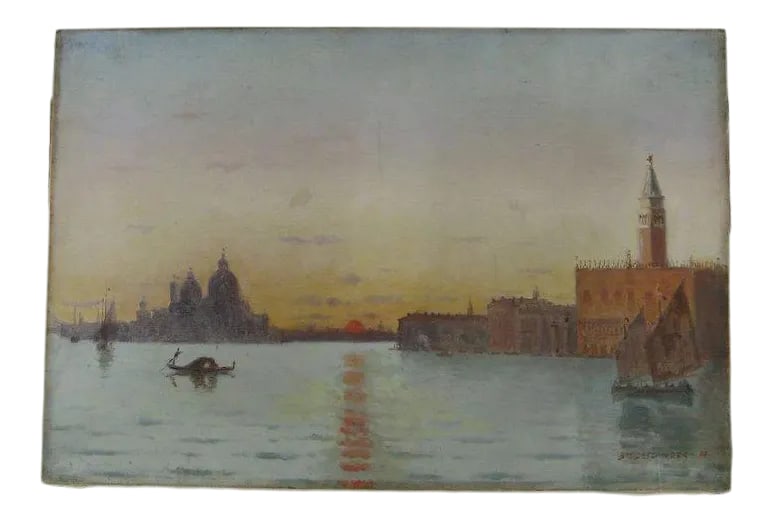 19th Century Venetian Scene Oil Painting by E.A. Deslandes: Oil on canvas by E.A. (Baron) Deslandes French 19th century. Venice. Later gold frame included. Signed lower right. Measures site 20" by 13 1/2". $2,800.00 (1413) Condition: Alterations: Unknown