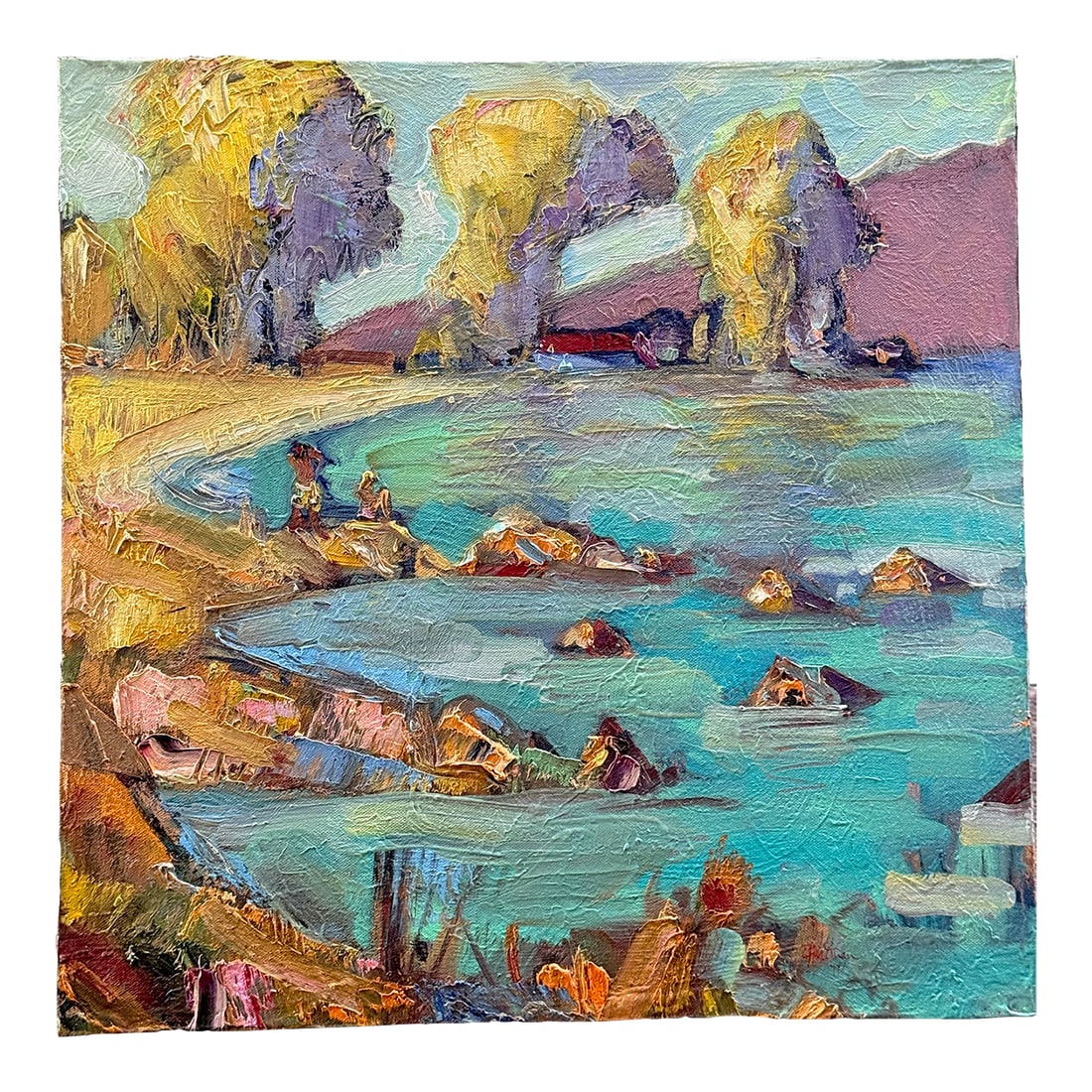 Painting Original Expressionist Berkeley Landscape Textured, Vibrant. Hartman: Painted in 2018. "Shorebird Park, Berkeley" is a colorful textured landscape by James Hartman. It has an expressionist style with an impastoed impressionist feeling. Condition: Imperfections: No