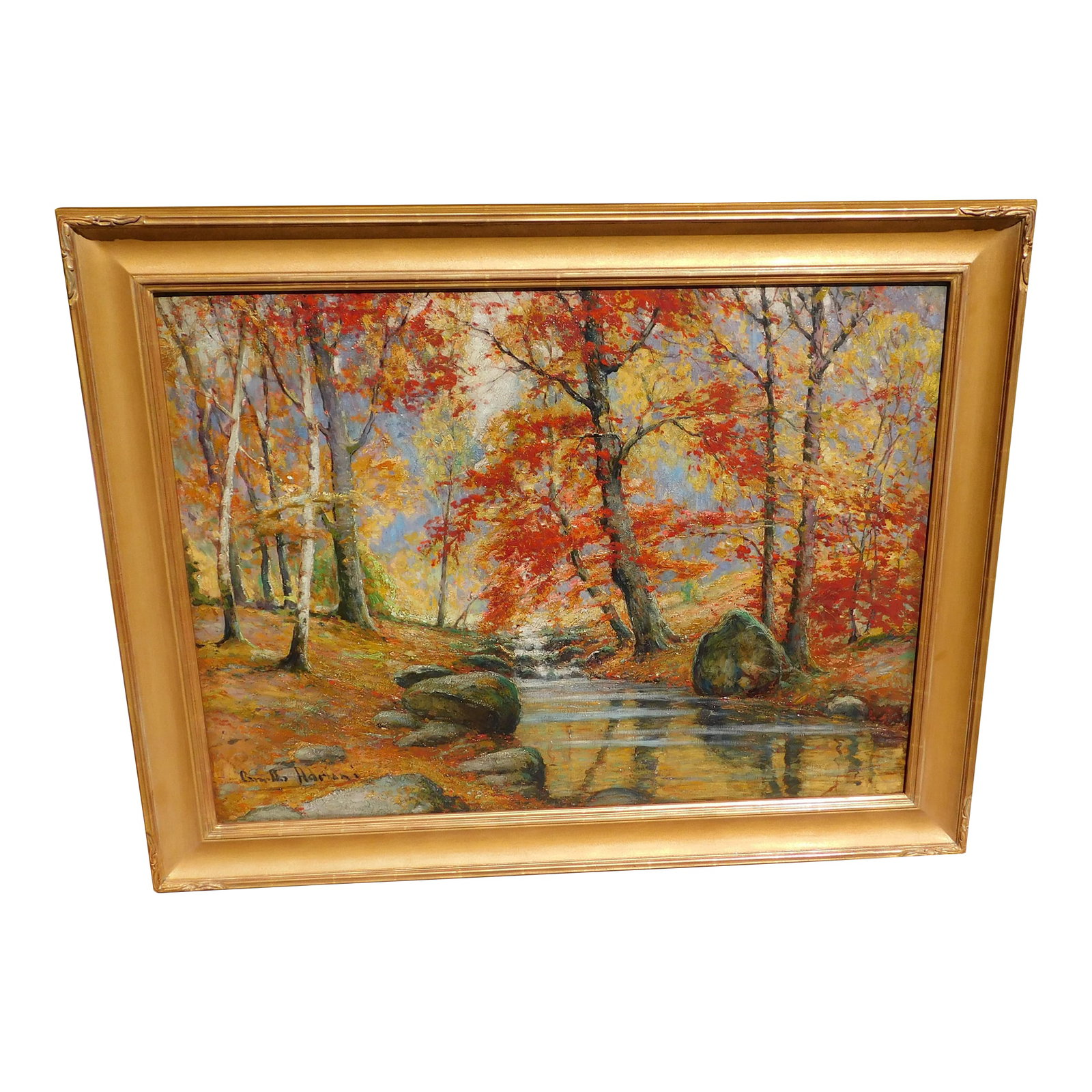 Camillo Adriani Vintage Oil Painting Impressionist Landscape Ma Artist B,1908: Vintage early 20th century oil painting on board by Camillo Adriani (1908-1990), signed lower left, image size 30 x 40, nice newer carved gold leaf frame Awesome painting, beautiful jewel like