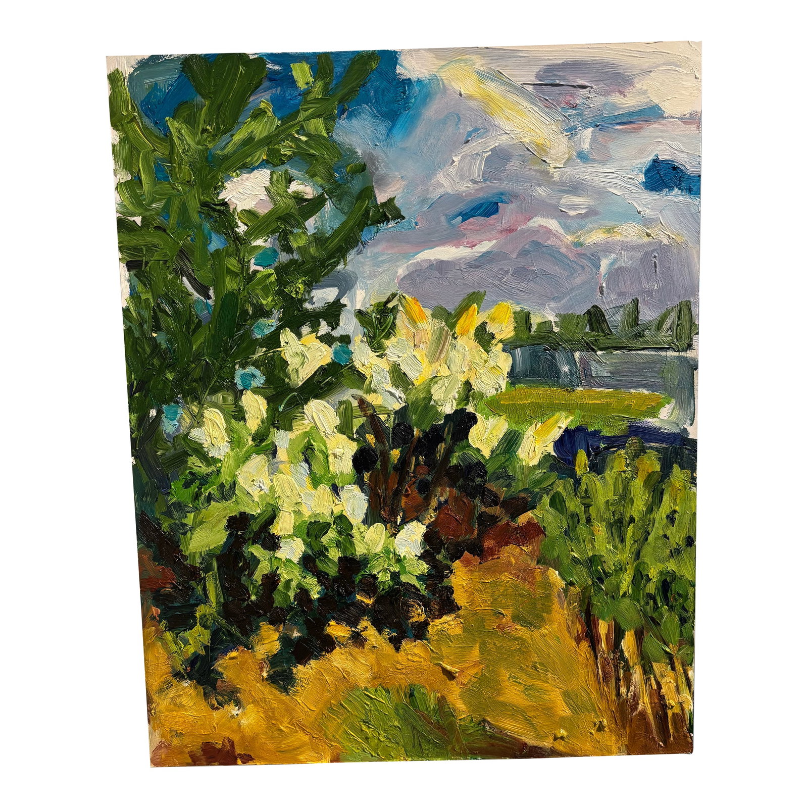 Contemporary Expressive and Vibrant Oil Painting on Board of Chicago Neighborhood Foliage by Tiffany: On the Trail Oil on board 16 x 20 Tiffany Stronsky is a Chicago-based painter known for her vibrant palette and layered oil works that explore memory, place, and perception. Her expressive, abstract