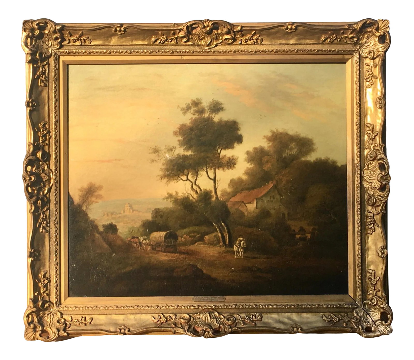 18th Century Old Master Style Landscape Oil Painting by Julius Caesar Ibbetson, Framed: Julius Caesar Ibbetson 1759-1817 Old Master Painting English 18th Century This English school painting by Julius Caesar Ibbetson (1759-1817) depicts a countryside farm house off of a road with a