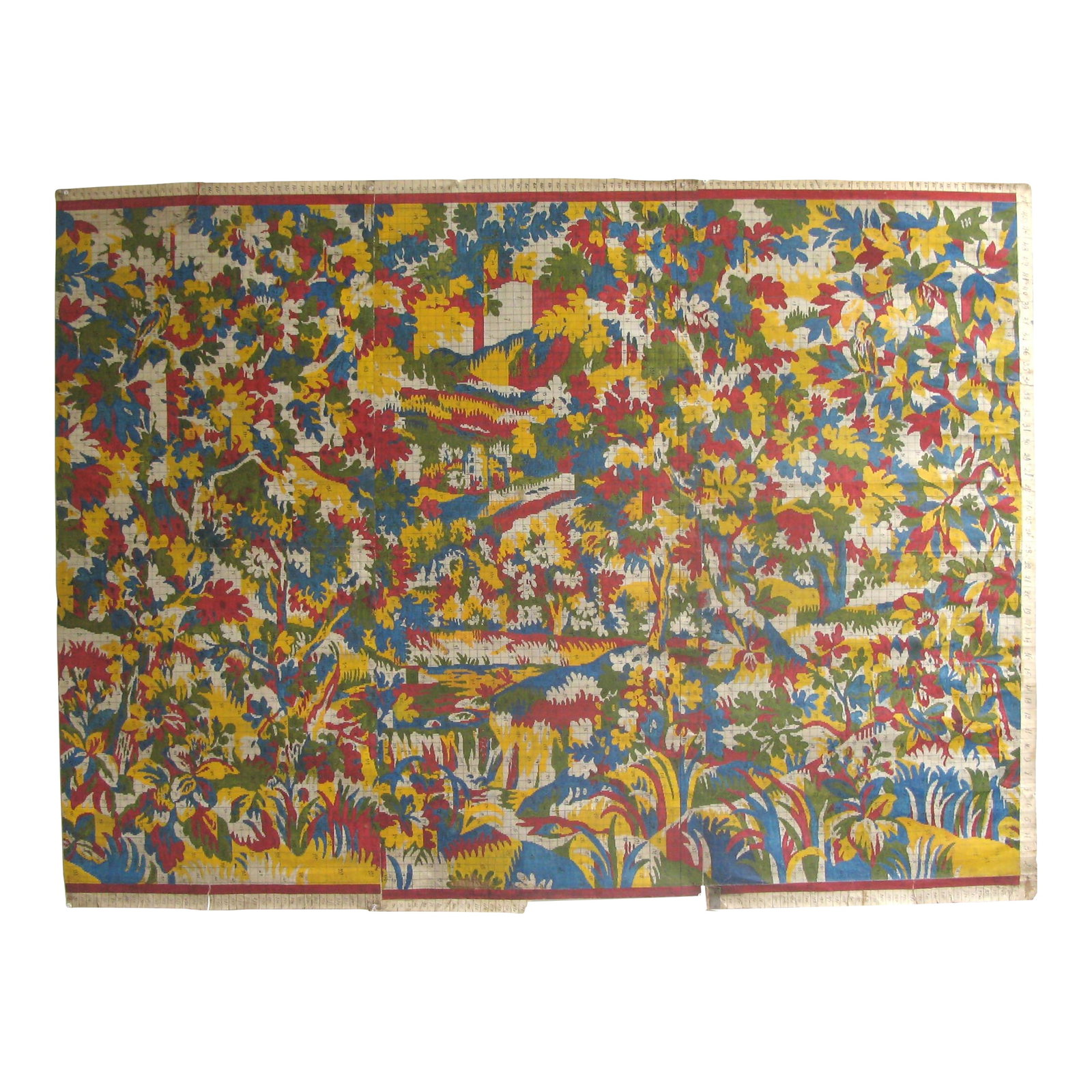 Tapestry Point Paper Design: c. 1900 French original textile design. Gouache on paper. Each design is a one-of-a-kind, hand-painted work. The designs were painted in gouache on a rag paper that has a fine grid printed on it -
