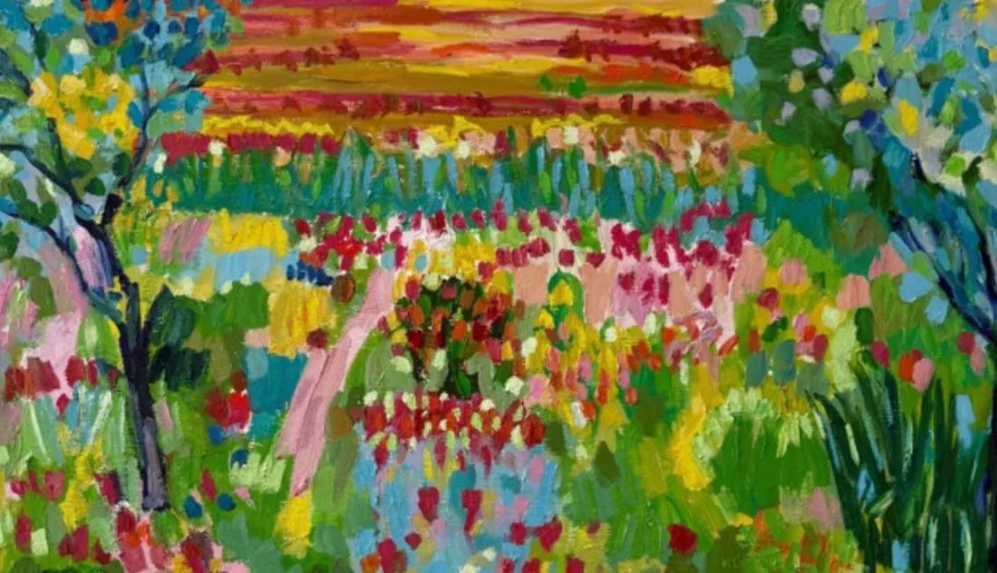 Contemporary Expressive and Vibrant Oil Painting on Linen of Gardenscape by Tiffany Stronsky: In the Garden with Pierre Oil on board 40 x 30 Tiffany Stronsky is a Chicago-based painter known for her vibrant palette and layered oil works that explore memory, place, and perception. Her