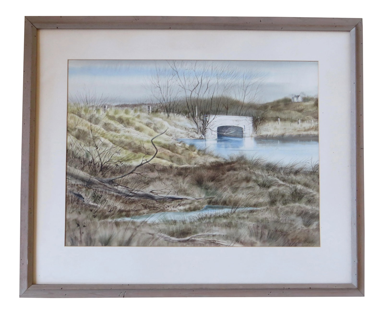 Mid 20th Century "Delaware Landscape" Watercolor Painting by Edward Lynam Grant, Framed: Artist: Edward Lynam Grant - American (1907-1998) Title: Untitled Year: 1957 Medium: Watercolor on artist's board Sight size: 20.5 x 27.5 inches. Framed size: 30.5 x 37.5 inches Signature: Signed, dat
