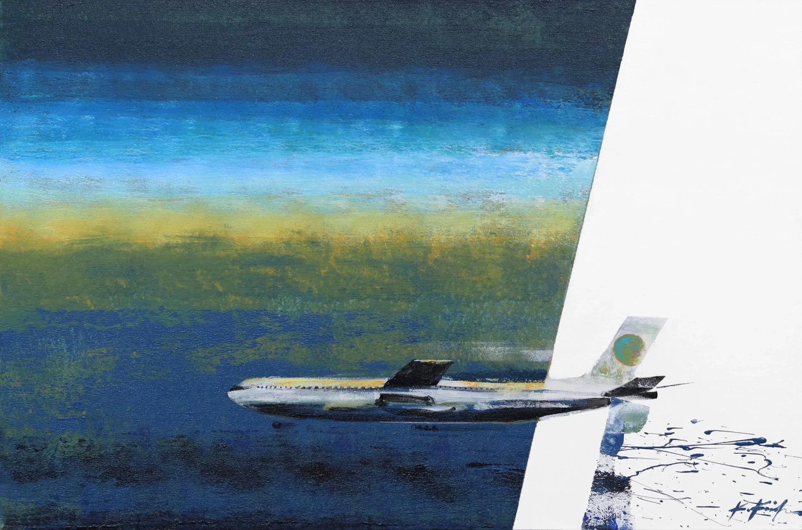 Foxtrot Bravo - Contemporary Realist Acrylic Airplane Sky Travel Skyscape Painting by Kathleen Keife: Kathleen Keifer is a California-based internationally collected artist. She is a leading force of the New California Realism. Kathleen brings a fresh, clean perspective to her colorful scenes of every