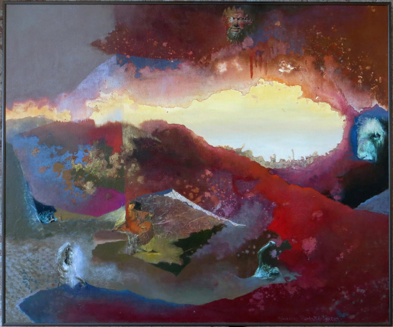 1983 "Crimson Labyrinth" Abstract Mixed-Media Painting by Suzanna Hart-Broughton, Framed: Artist: Suzanna Hart-Broughton - American (ca.1935-) Title: Crimson Labyrinth Year: 1983 Medium: Oil and/or acrylic and collage on canvas Sight size: 30 x 36 inches. Framed size: 30.25 x 36.25 inches 