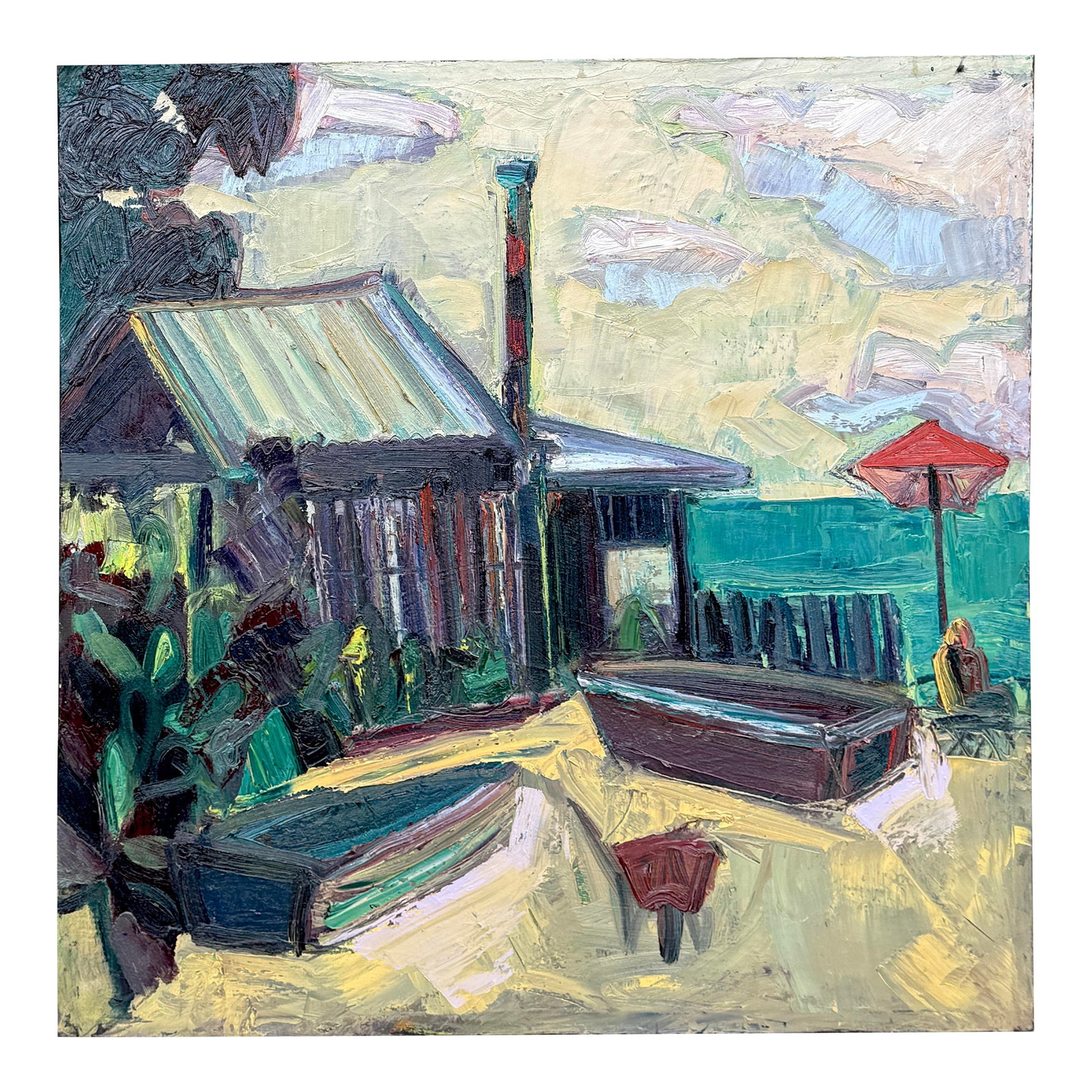 Expressionist California Landscape China Camp Oil Painting Hartman: I painted this 32" square canvas at China Camp alongside my painting friends. The old buildings are preserved and hold a lot of history. This painting has a rich texture from liberally applied fine