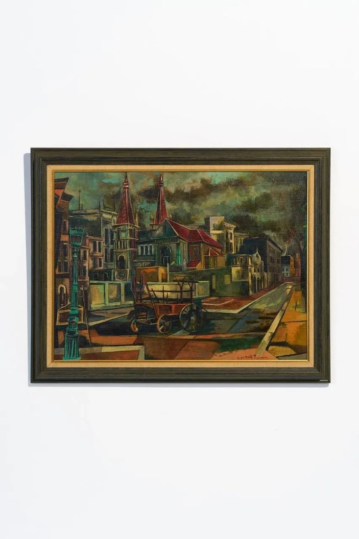 Vintage Joyce Treiman Original Oil Painting of Early Chicago Street Scene, Signed - 2