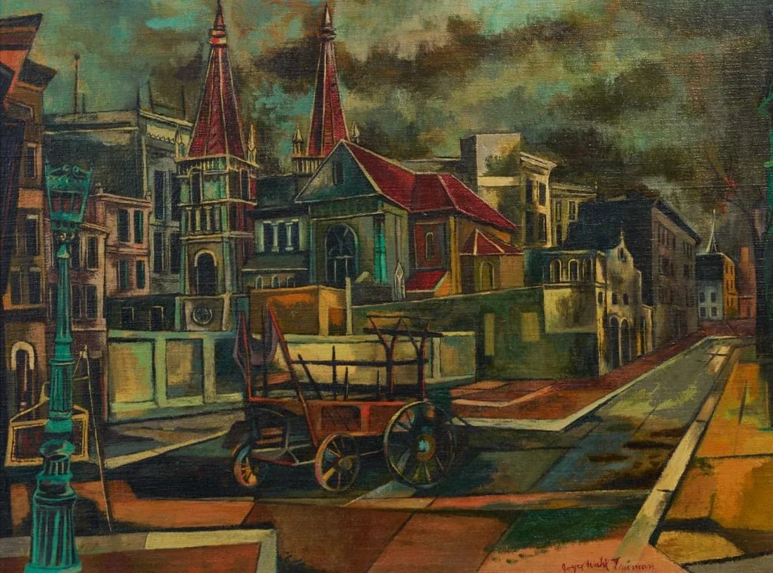 Vintage Joyce Treiman Original Oil Painting of Early Chicago Street Scene, Signed - 3