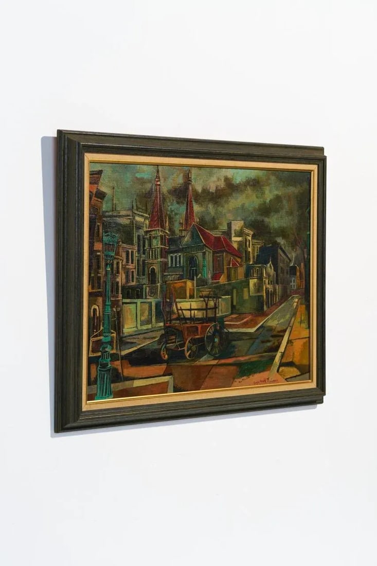 Vintage Joyce Treiman Original Oil Painting of Early Chicago Street Scene, Signed - 4