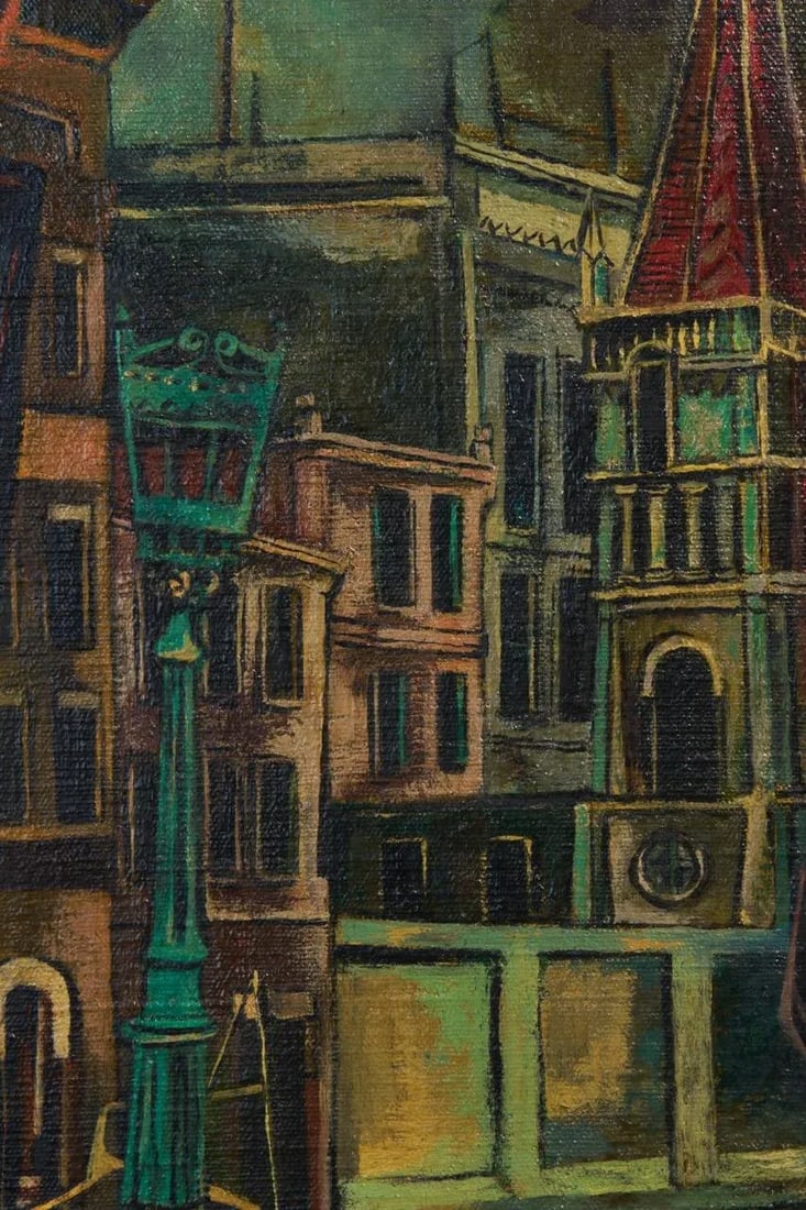 Vintage Joyce Treiman Original Oil Painting of Early Chicago Street Scene, Signed - 5