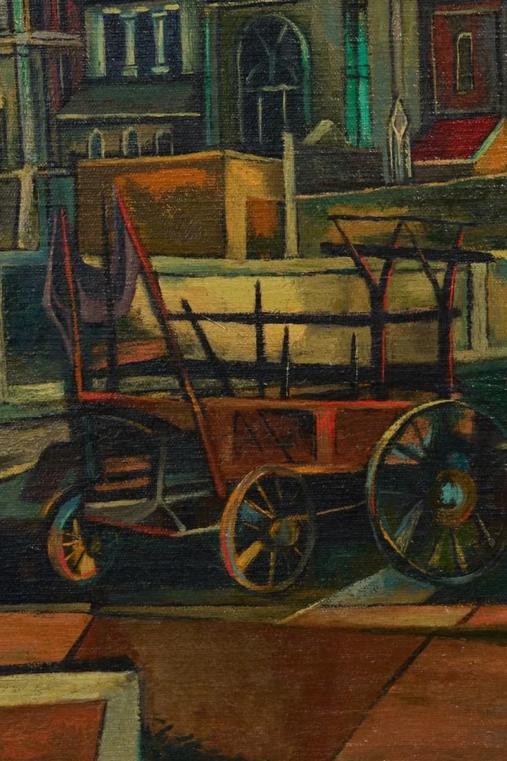 Vintage Joyce Treiman Original Oil Painting of Early Chicago Street Scene, Signed - 6
