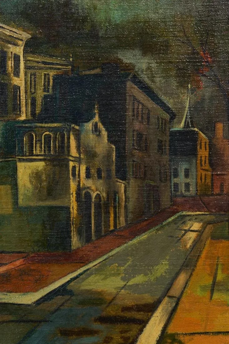 Vintage Joyce Treiman Original Oil Painting of Early Chicago Street Scene, Signed - 7