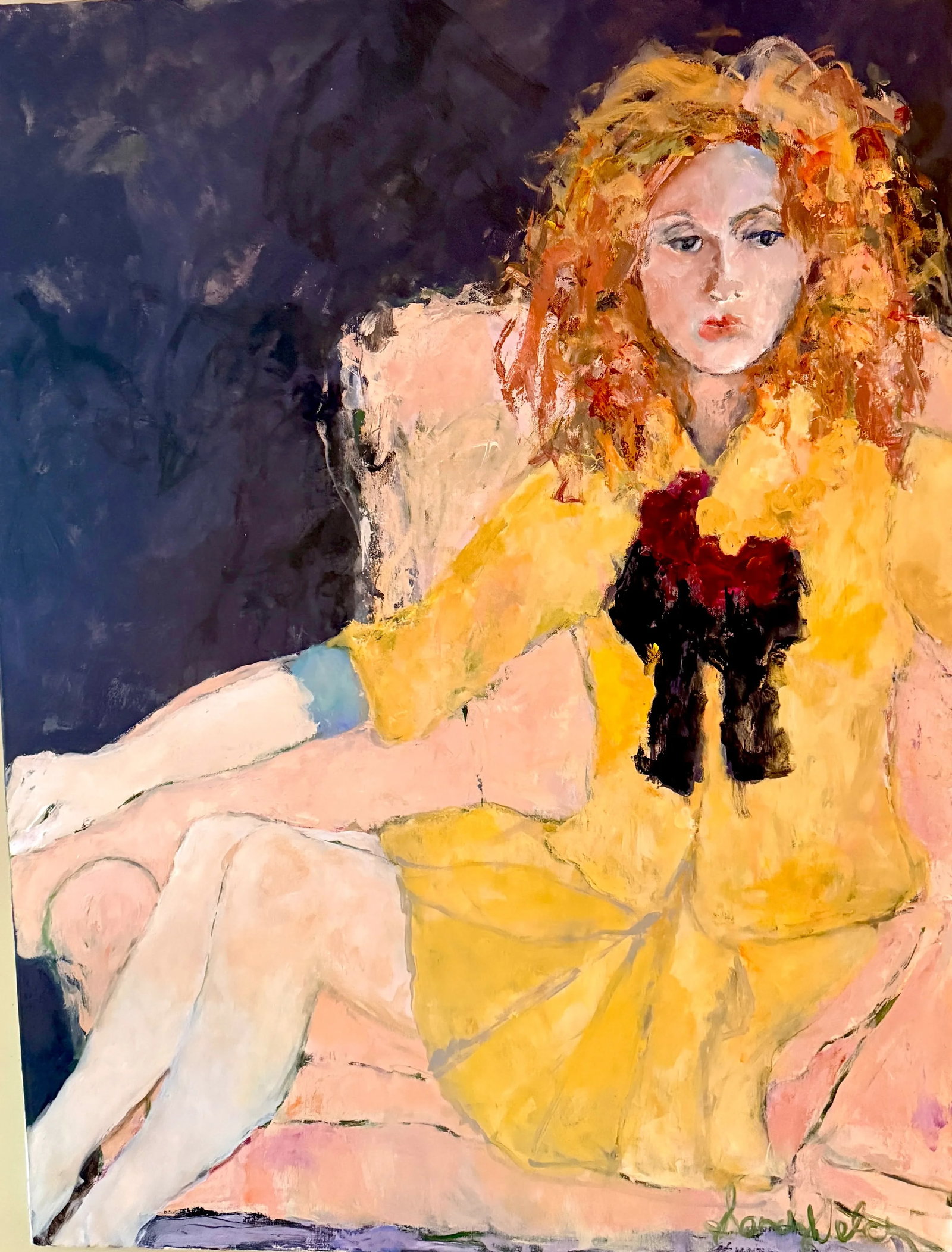"The Yellow Dress" Original Painting by Sandy Welch: "The Yellow Dress" A vibrant figure emerges in bold strokes and radiant hues, seated with a quiet yet commanding presence. Her Fiery hair frames a contemplative face, while a golden dress , punctuated
