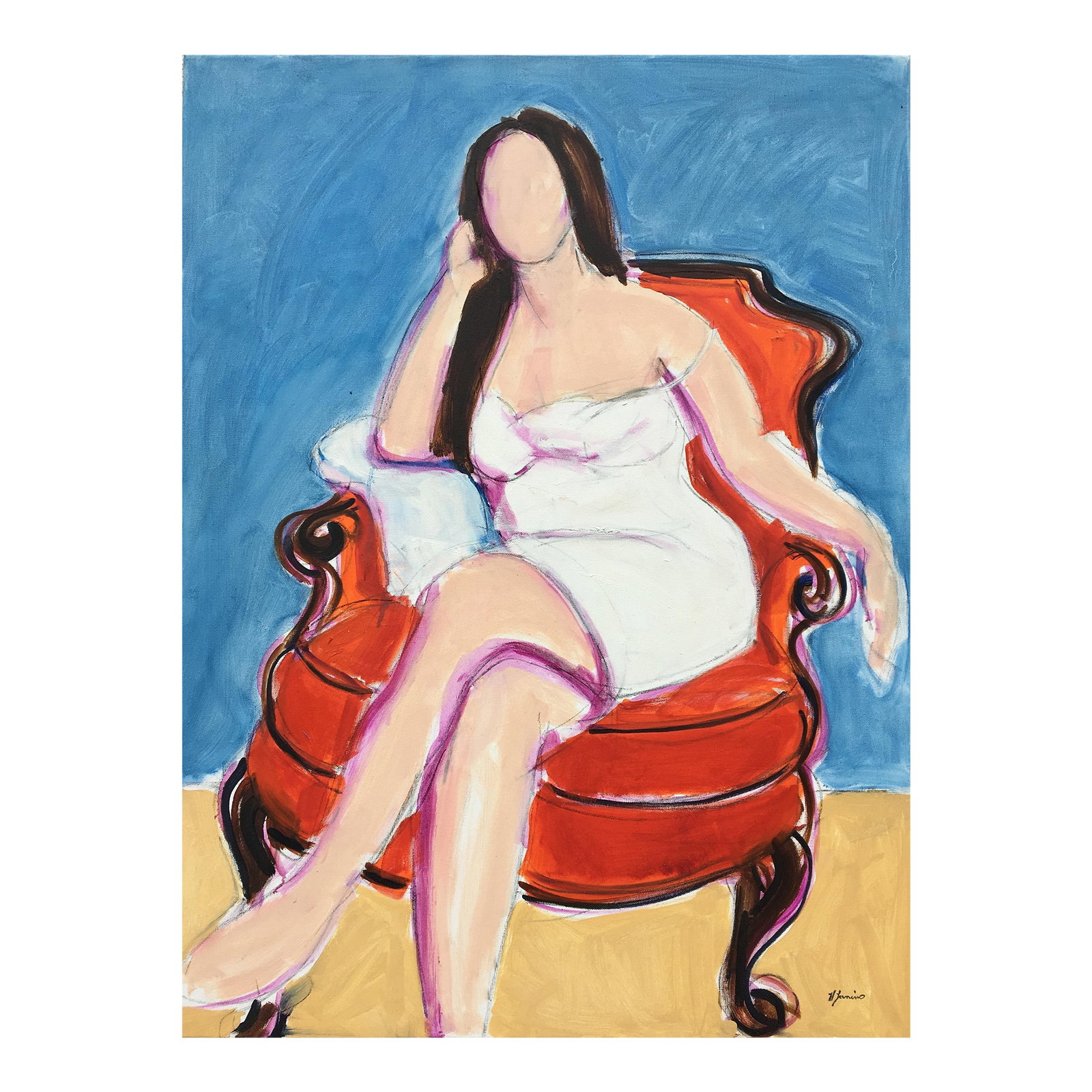 Seated Woman Ii, Oil on Canvas, Woman Seated Contemporary Painting: Portrait of a Woman Reclining - A quiet study of repose, capturing a woman at ease in her orange chair. Layers of oil on canvas reveal both presence and stillness, a moment suspended in time. Part of 