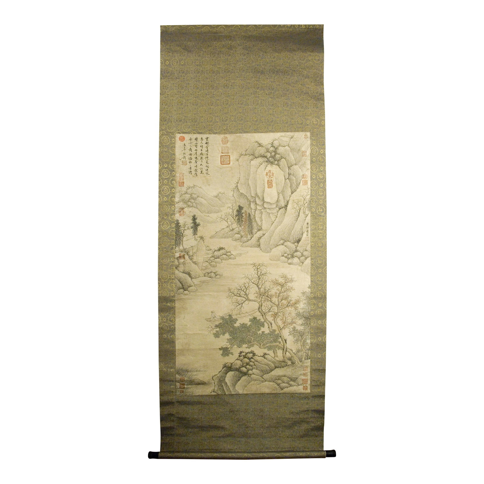 Chinese Landscape Scroll: Chinese landscape scroll, freely drawn colored inks on heavy paper, mounted on a light/dark gold, dark blue, silk brocade in a dragon and fenghuang medallions lattice pattern, signed, with a poem and 