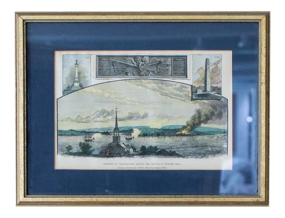 Mid 18th Century "Battle of Bunker Hill" Reproduction Print, Framed: Burning of Charlestown During the Battle of Bunker Hill Taken at the time by a British office from Beacon Hill Kilburn 1794 1842 Condition: Alterations: Original Condition Unaltered Imperfections: