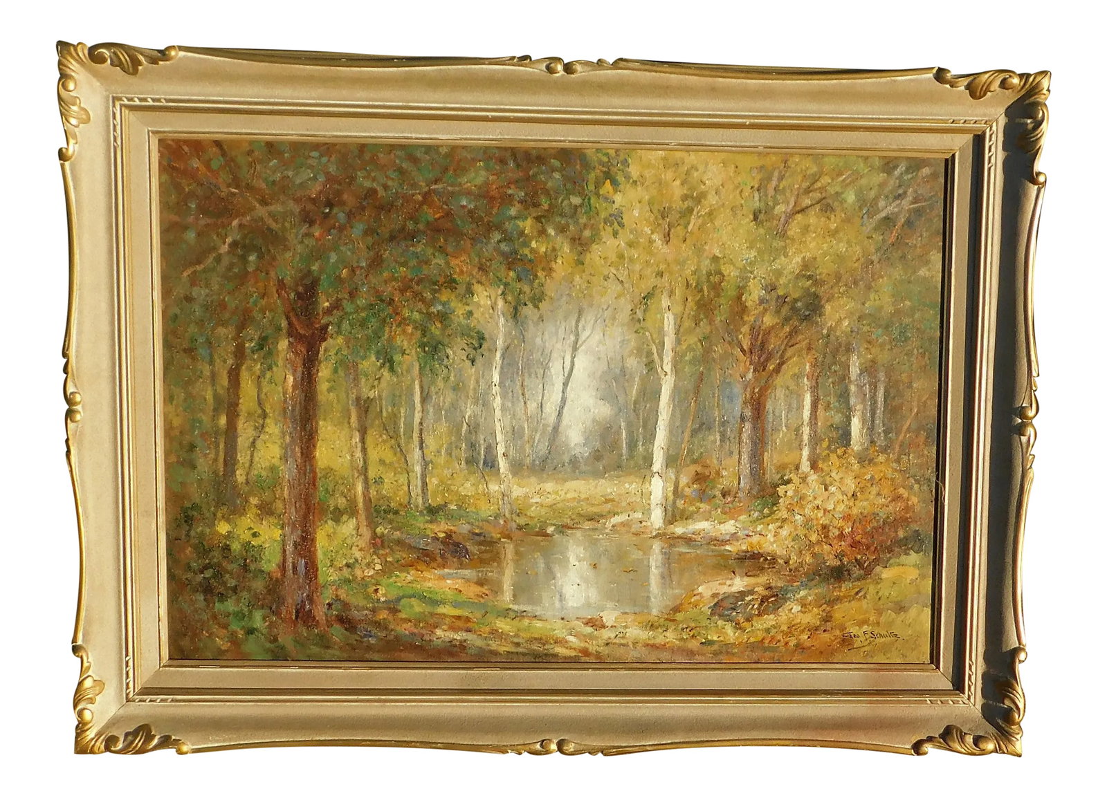 George Schultz, Early Illinois Artist, Oil/Canvas 24 X 36: George Schultz 1869- oil on canvas 24 x 36 vintage carved frame. Important early Illinois artist. Signed lower right, good condition. Schultz became a highly respected artist who exhibited over one