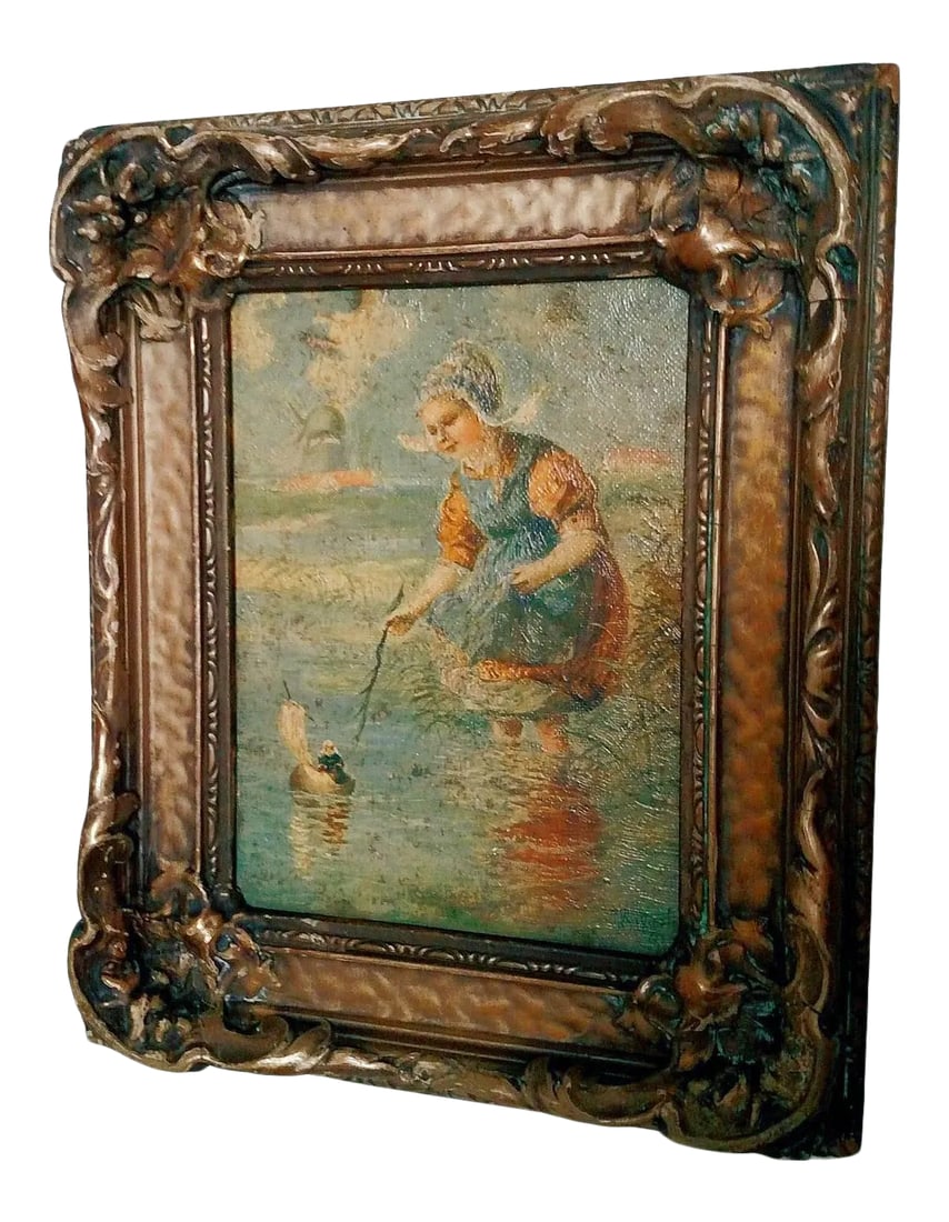 Late 19th Century Dutch Figurative Landscape Oil Painting by Francis William Van Vreeland, Framed: Beautiful original Francis William van Vreeland oil on wood. Approx 8" x 6" in gold wood frame. Condition: Alterations: Original Condition Unaltered Imperfections: Some Imperfections Condition Notes: 