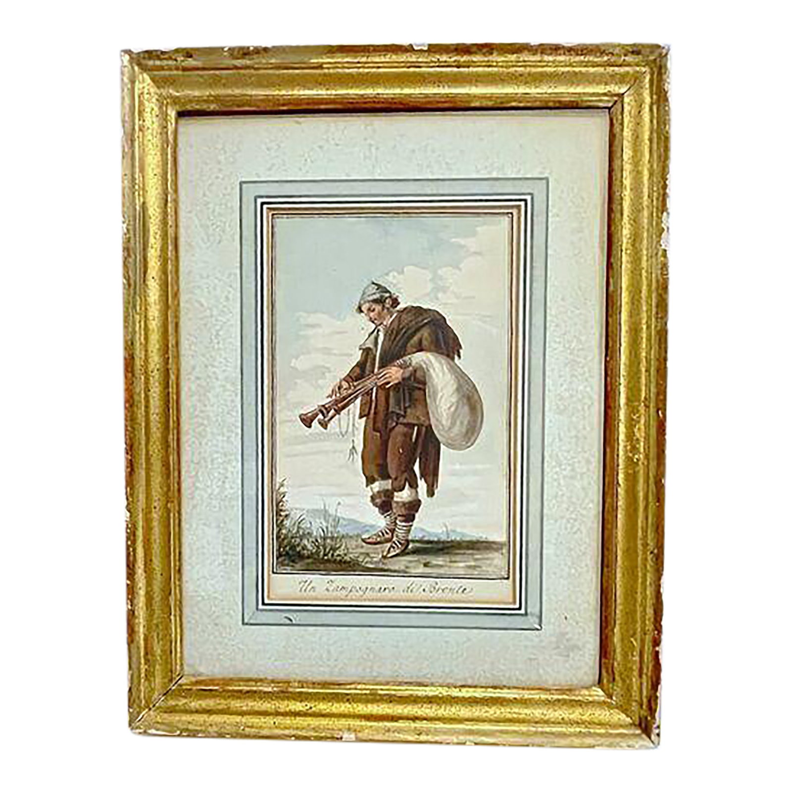 18th C Italian Watercolor of a Bagpiper: Antique, 18th century, Italian, hand watercolor painting of a bagpiper. Marked: "Un Zampognaro di Bronte" on the lower front. Also marked: "G. Humse - 1783, Italian, Watercolors" on the reverse. Condi