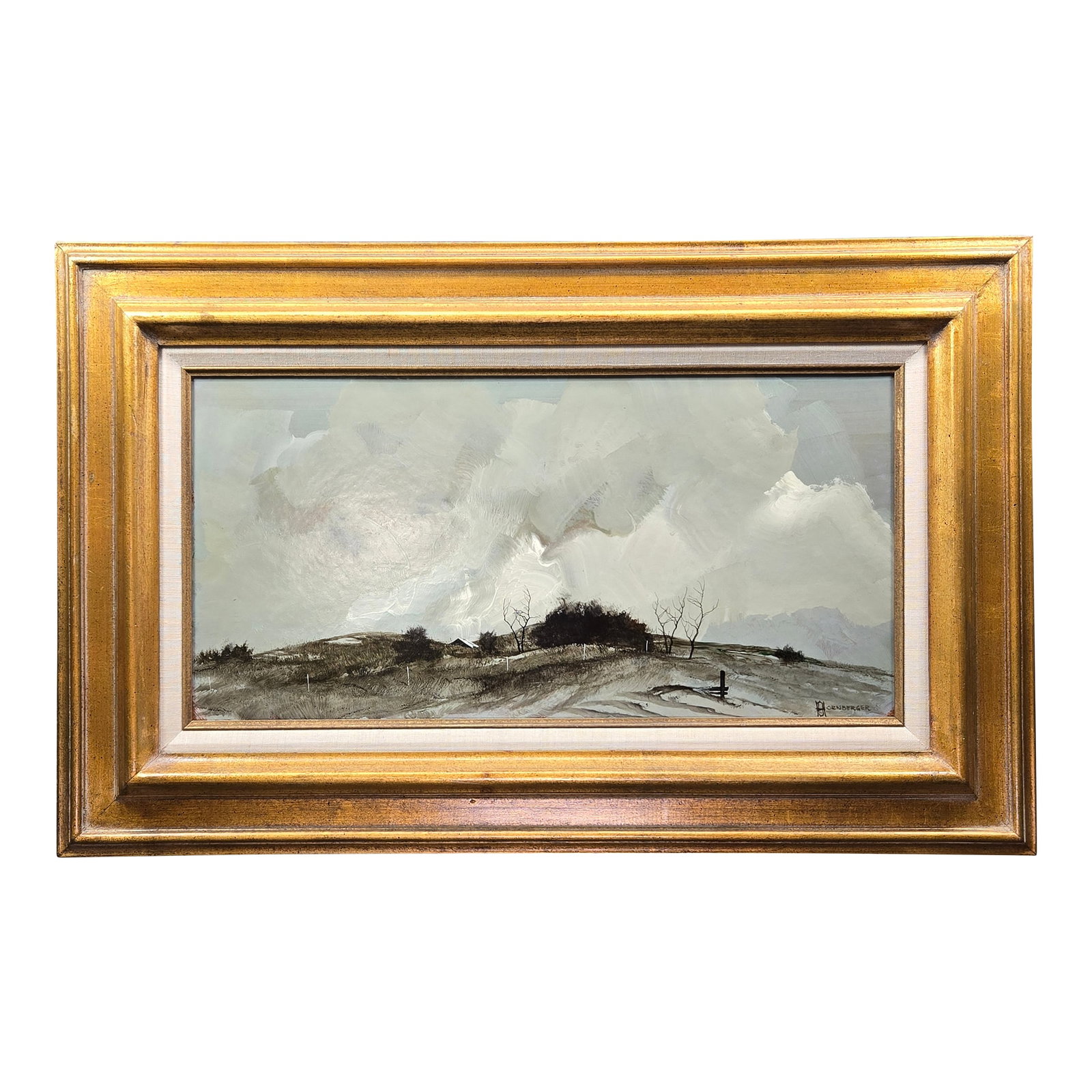 Mid 20th Century Field Landscape Painting by Don Hornberger, Framed: Don Hornberger (1921-2006) was a listed American painter who produced stark works in limited color palettes, frequently depicting desolate landscapes like the field seen here. With its isolated