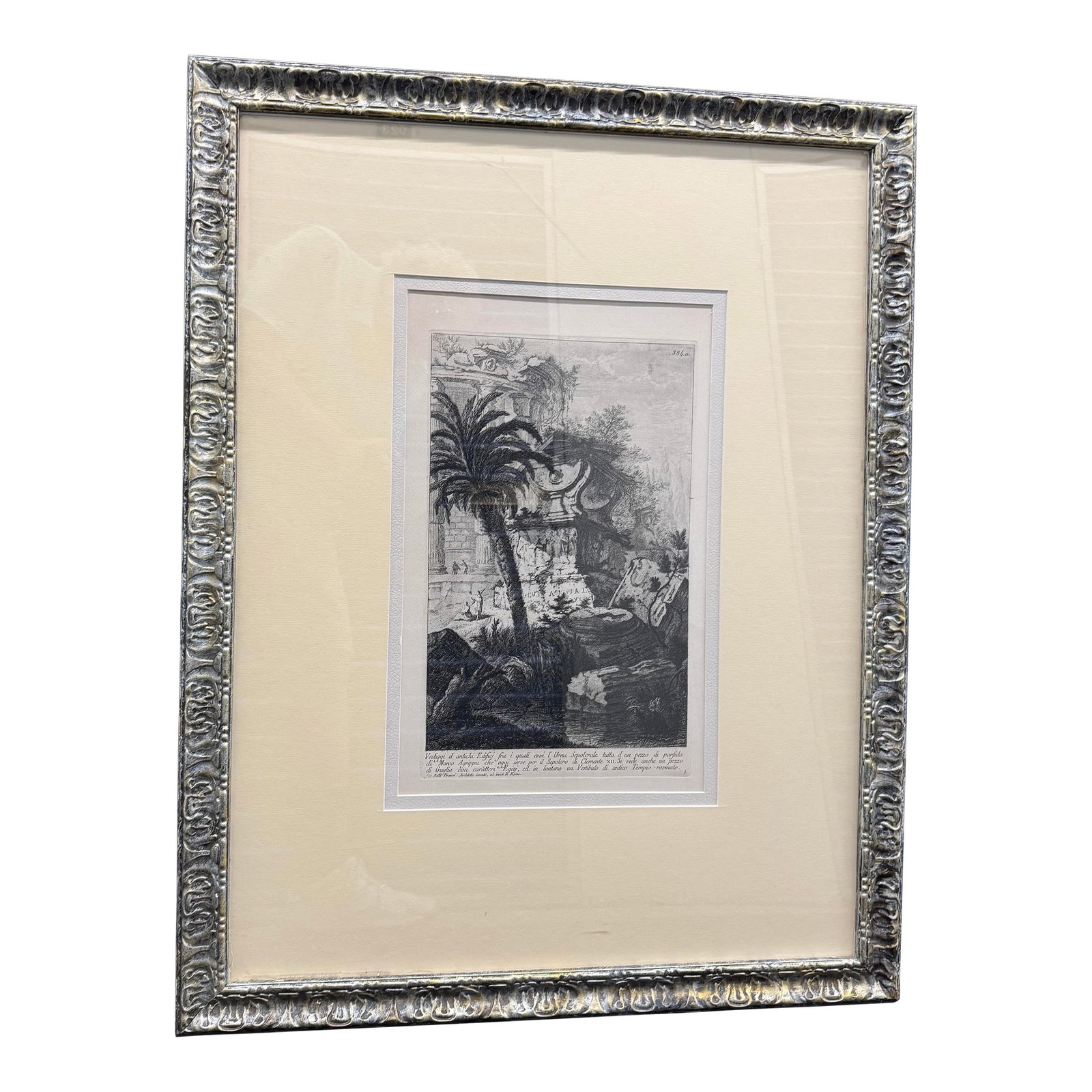 Piranesi, J. B. "Ancient Sepulchral of Marcus Agrippa", Etching C. 1770: 18th century etching by master artist and architect Jean Batista Piranesi, (1720-1778) with full margins and a clear sharp impression probably printed in the early 1800's. Framed to archival