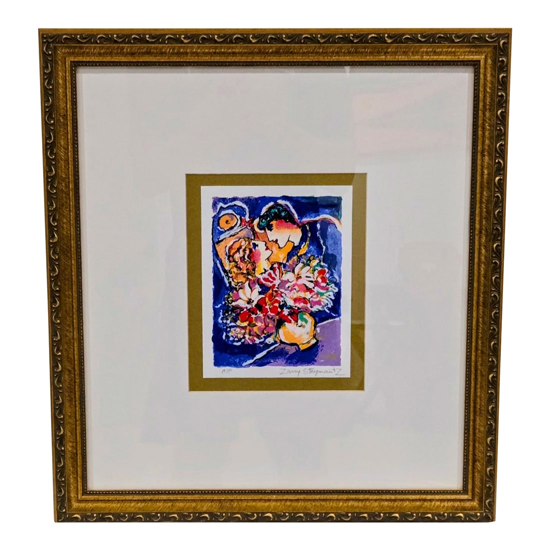 Zamy Steynovitz Hand-Embellished Expressionist Print, Framed and W/CoA: "Lovers with Bouquet" - Color Serigraph; Zamy Steynovitz (1951-2000 Polish-born Israeli artist) pencil signature on lower right; "AP" (Artist's Proof) on lower left. Framed in ornate antique-gold