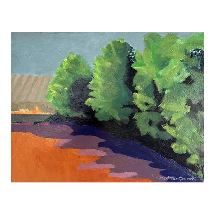 "Fire Grove" Contemporary Impressionist Landscape in Greens, Oranges and Purples by Mill Valley Arti: One in a series of landscapes in which the goal was to explore various palettes. Condition: Imperfections: No Imperfections Condition Notes: Original (New) - Mint Origin: United States Materials