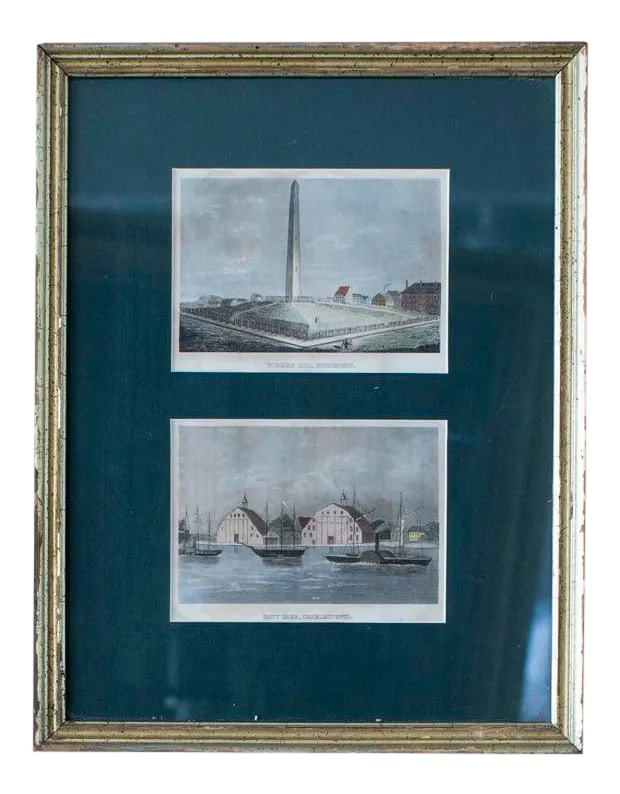 Late 19th Century "Navy Yard & Bunker Hill" Reproduction Print, Framed: Bunker Hill Monument Navy Yard Charlestown 1867 Wood Engraving with watercolor Condition: Alterations: Original Condition Unaltered Imperfections: Some Imperfections Condition Notes: The frame has