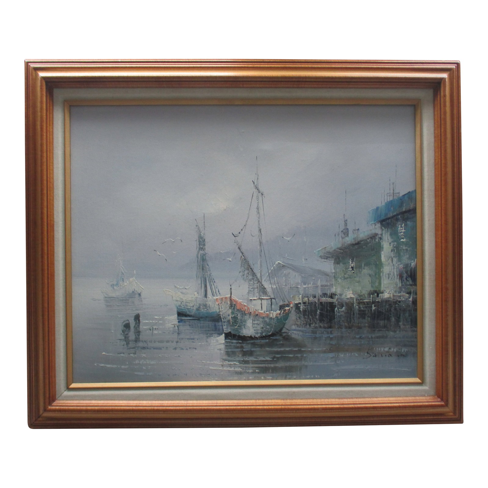 Vintage Sunset Seascape on Canvas of Fishing Village With Boats & Seagulls, Framed: This is a Lovely Vintage Sunset Seascape on Canvas of a Fishing Village with Ships and Seagulls in a Beautiful Soft Muted Blue and Sunset Hues that makes a Dreamy Seascape Perfect for your Seaside