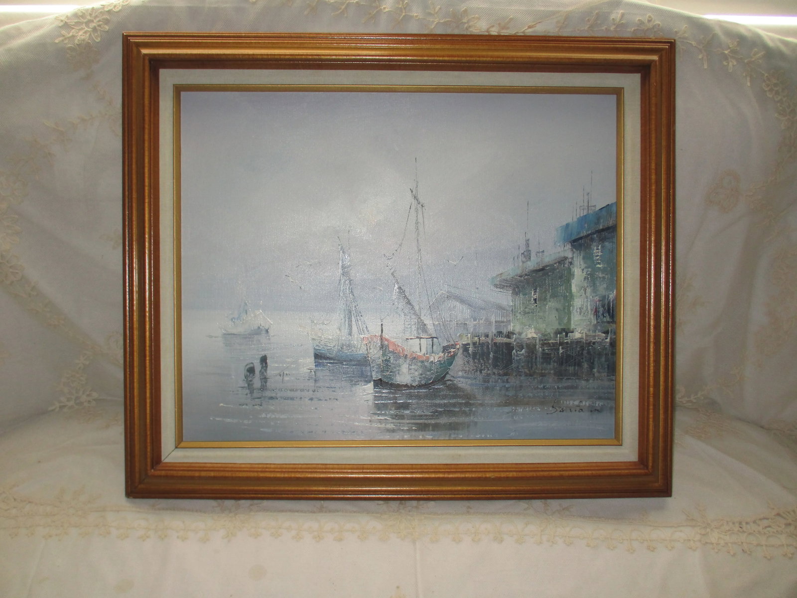 Vintage Sunset Seascape on Canvas of Fishing Village With Boats & Seagulls, Framed - 2