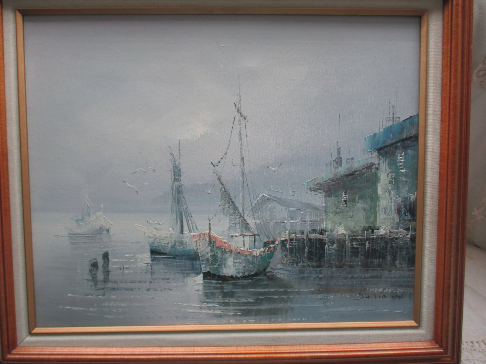 Vintage Sunset Seascape on Canvas of Fishing Village With Boats & Seagulls, Framed - 3