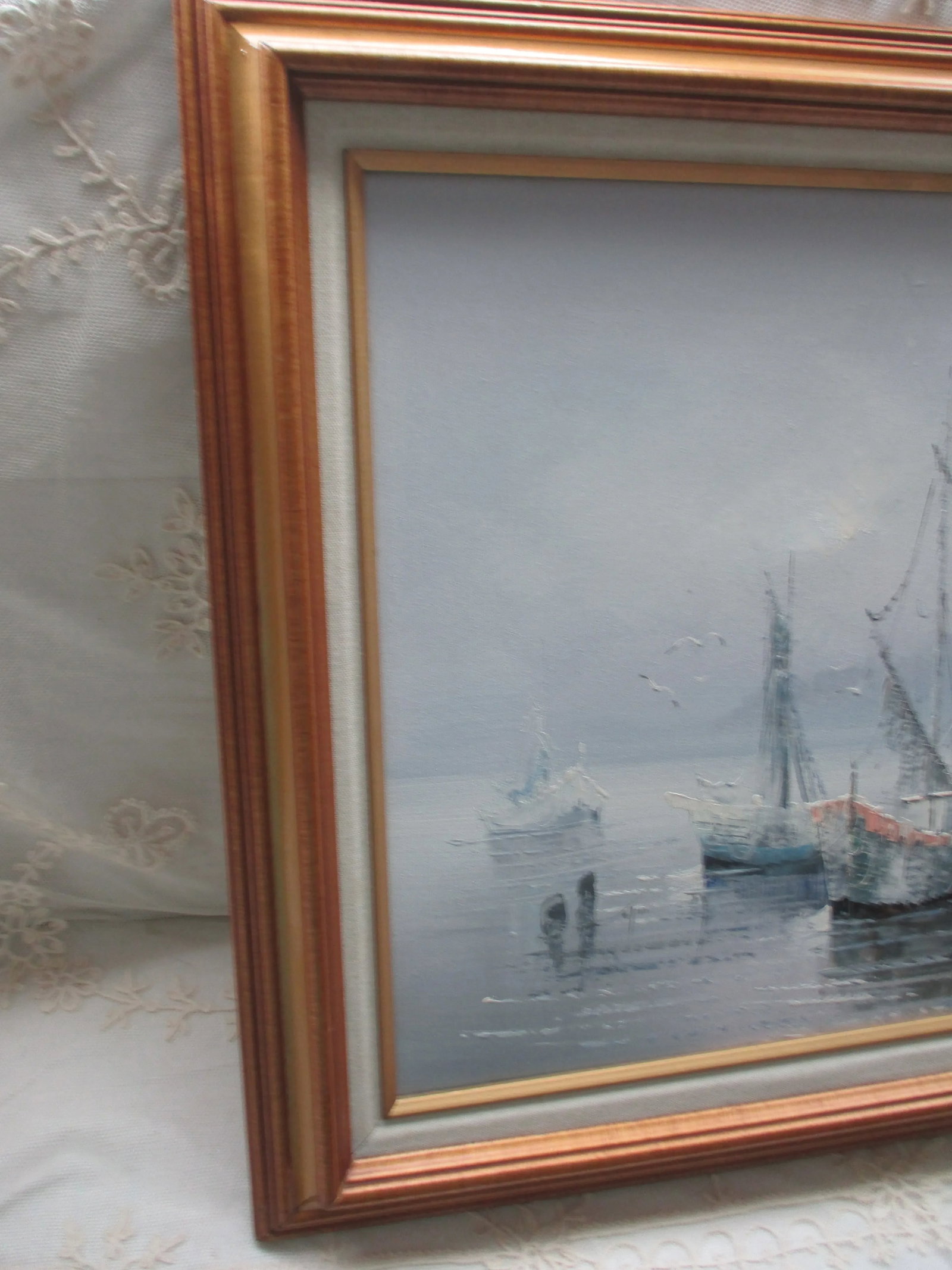 Vintage Sunset Seascape on Canvas of Fishing Village With Boats & Seagulls, Framed - 4